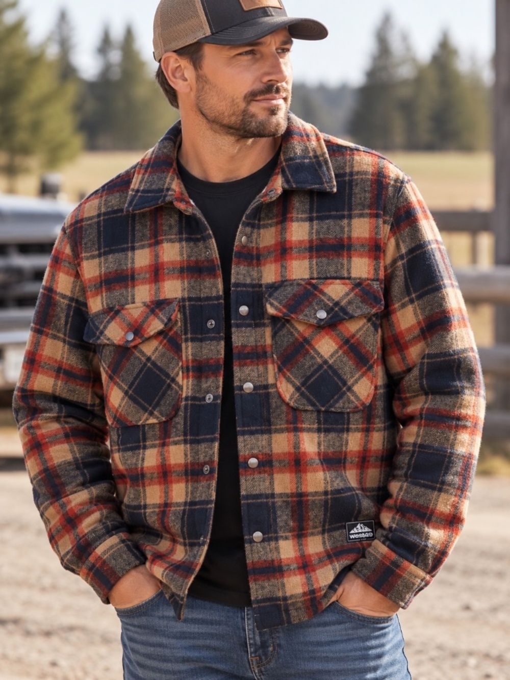 West 49 Chore Jacket Mens Size Medium Brown Orange Plaid Sherpa Lined Western